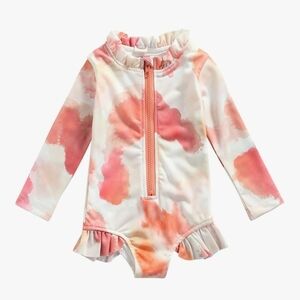 Baby Girl Long Sleeve Swimsuit Solid Color Ruffle Zipper One Piece Swimwear